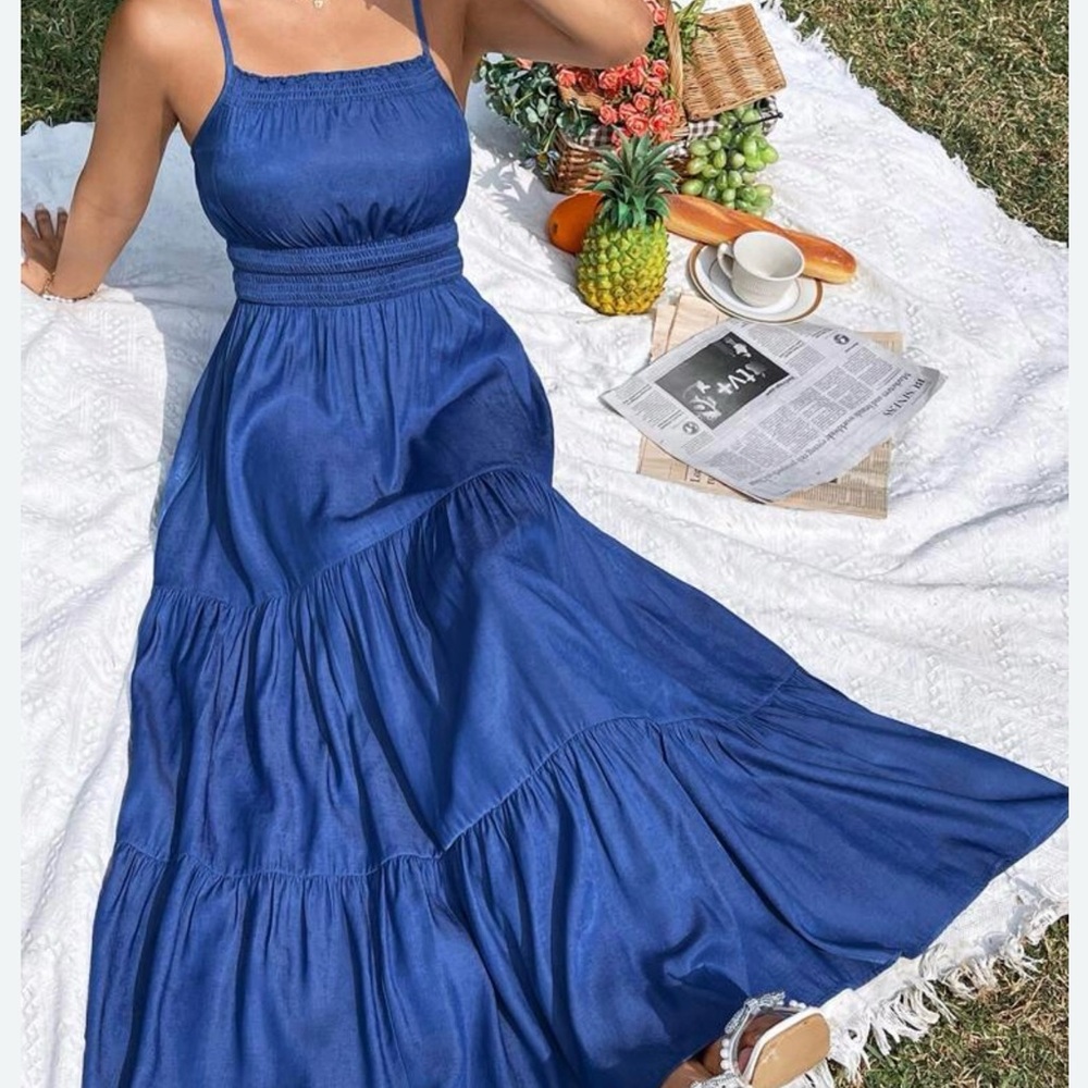 BLUE TIERED MAXI DRESS RUFFLED HEM SPAGHETTI STRAPPED SMOCKED BODICE
